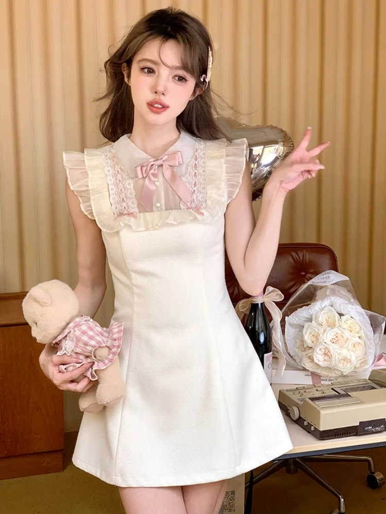 QWEEK Coquette Kawaii Pink Cute Lace Flying Sleeve Dress Sweet Girls Y2k Sleeveless Party Short Dresses Bow 2024 Summer