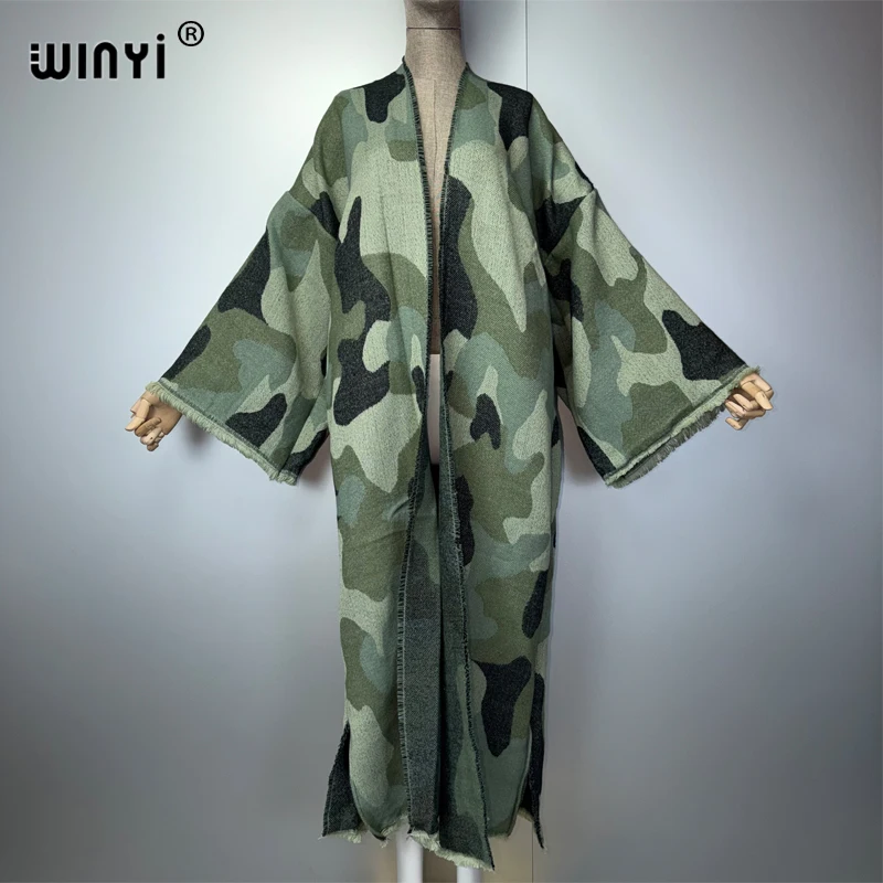 WINYI camouflage colour African women winter kimono long sleeve OverCoat abaya dubai luxury Open Front Long Cardigan party dress