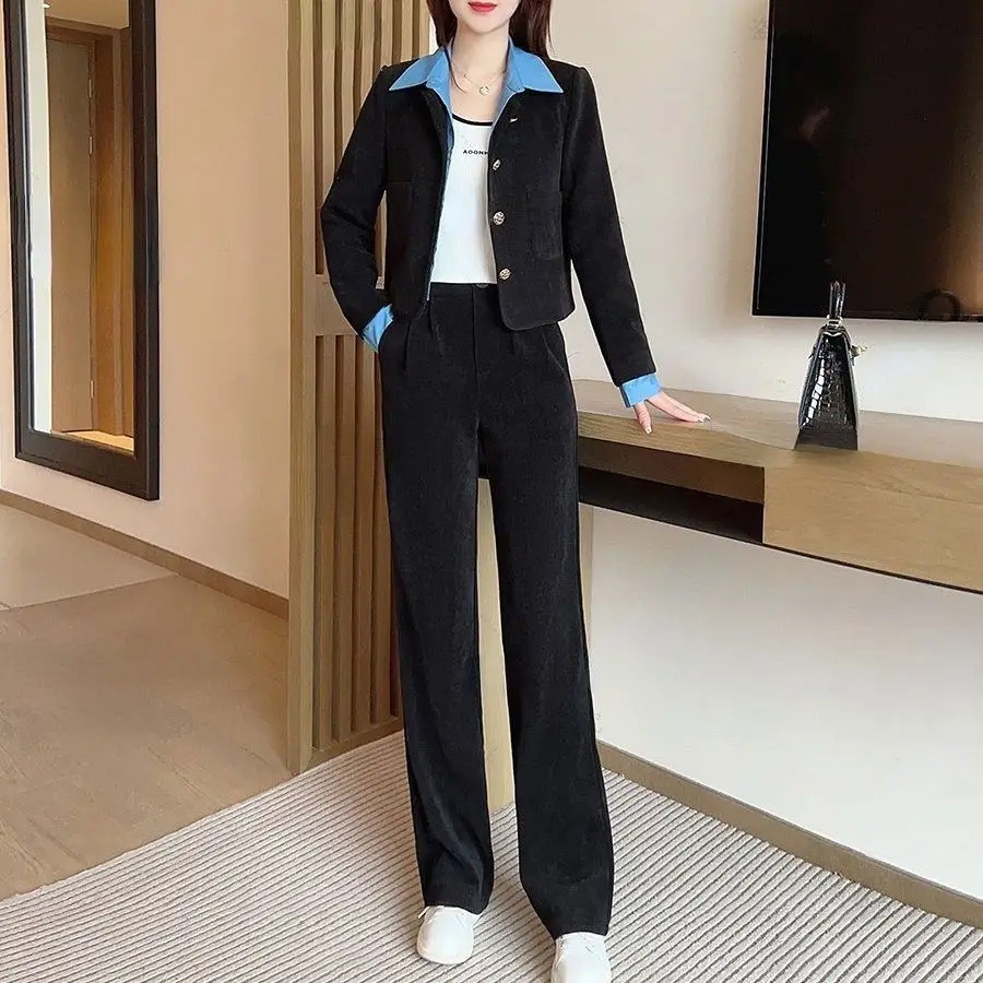 Women's suit set 2024 spring and autumn new fake two-piece polo collar top+loose wide leg pants two-piece set