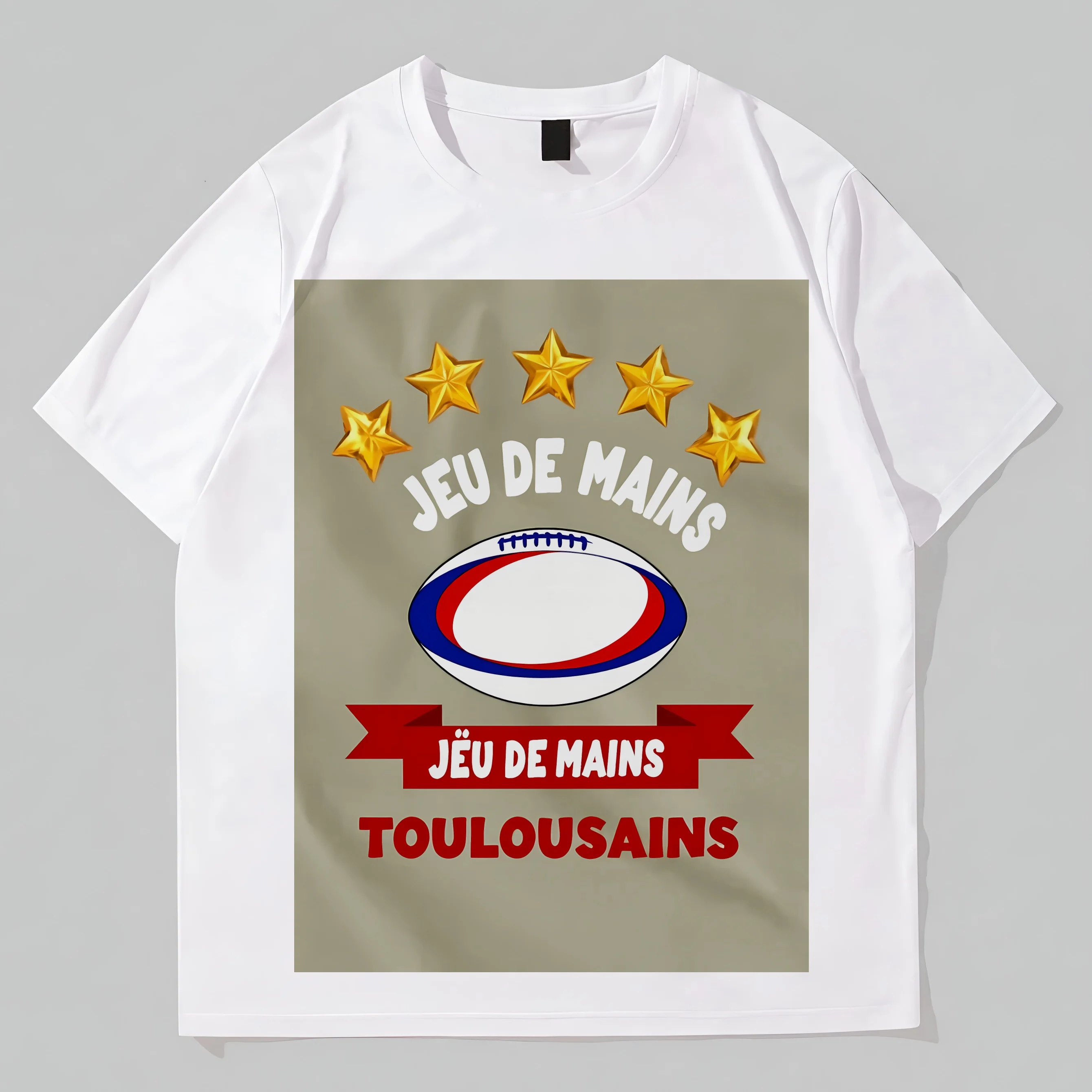 

Teevo White T-Shirt with Rugby Ball and Stars Print for Sports Fans