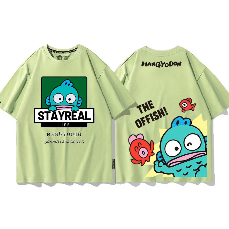 

Зеленая детская футболка Sanrio 2026 из 100% хлопка с двусторонним принтом Ugly Fish Hanton, для родителей и детей, с круглым вырезом