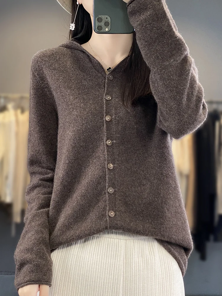 Women's Hoodies 100% Merino Wool Sweater Solid Long Sleeve Casual Loose Cardigan Cashmere Knitwears Korean Fashion New Knit Tops