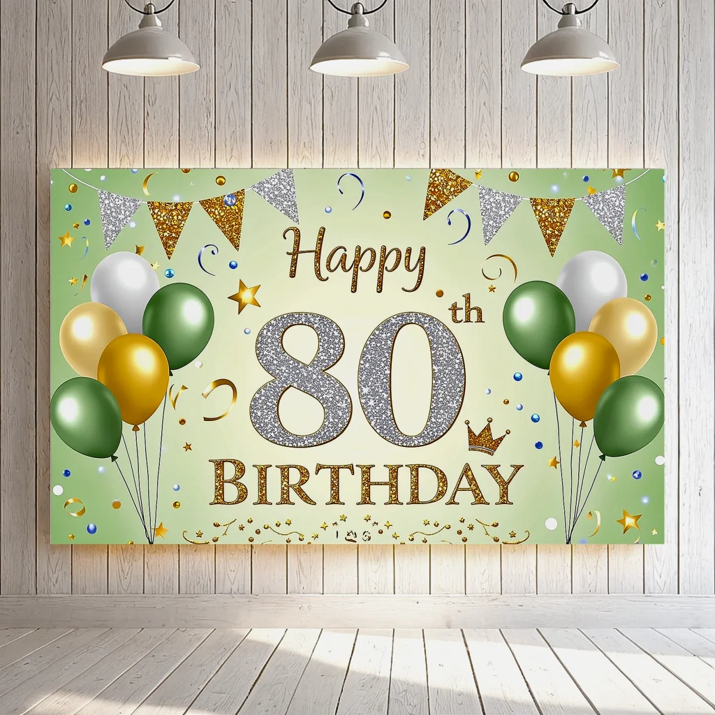 Glitzerndes Hintergrundbanner zum 80. Geburtstag mit Luftballons, Sternen und Kronen, Partydekorationen für Geburtstagsfeier-Fotografie-Requisiten