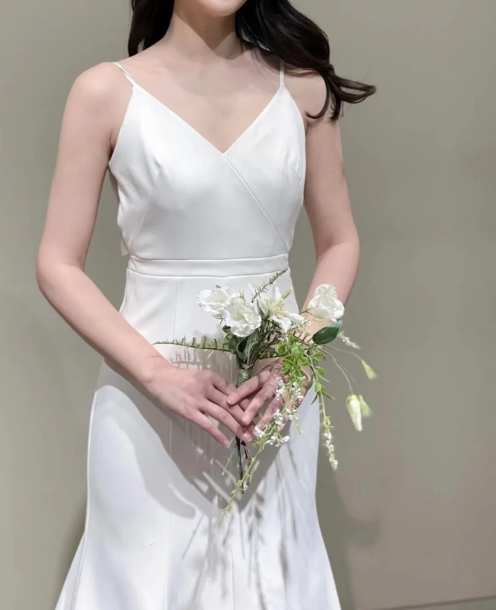 Vestido de novia de satén sin mangas con tirantes finos, traje de novia de satén con Espalda descubierta, estilo coreano Simple, con tirantes finos de marfil, 2022