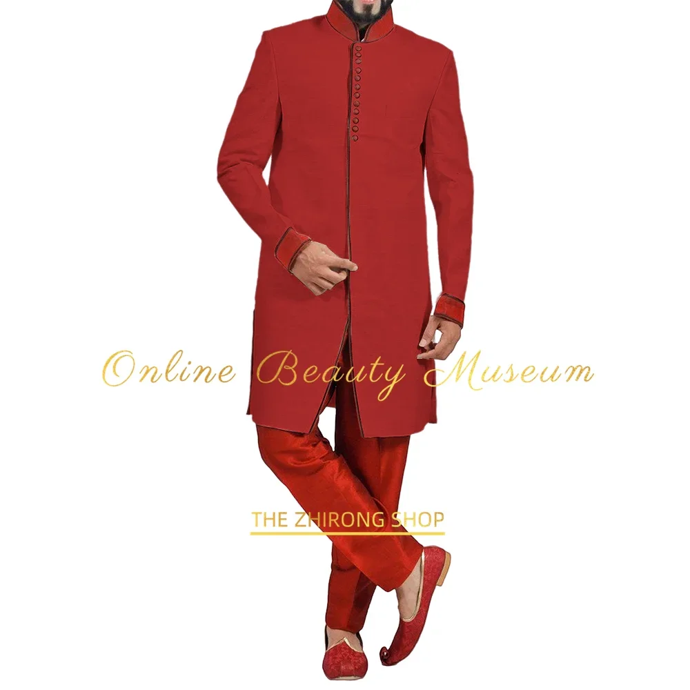 

Men's 2-piece formal suit (jacket+pants) red African/Indian style overcoat wedding events prom birthday party Xmas custom attire