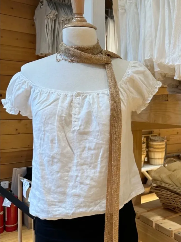 

Cute 5 Buttons Lace-up Ruffles Sleeve Tees Women Summer Casual White Flax Cotton U-neck Tops Sweet Preppy Style T-shirts New Y2K