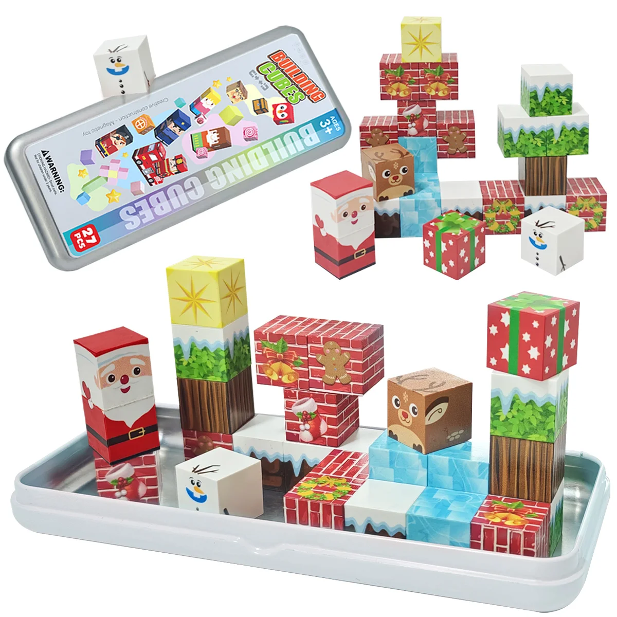 Set di blocchi magnetici natalizi, blocco magnetico con scatola di ferro per bambini, blocco magnetico a tema natalizio di Babbo Natale, giocattolo con blocchi magnetici