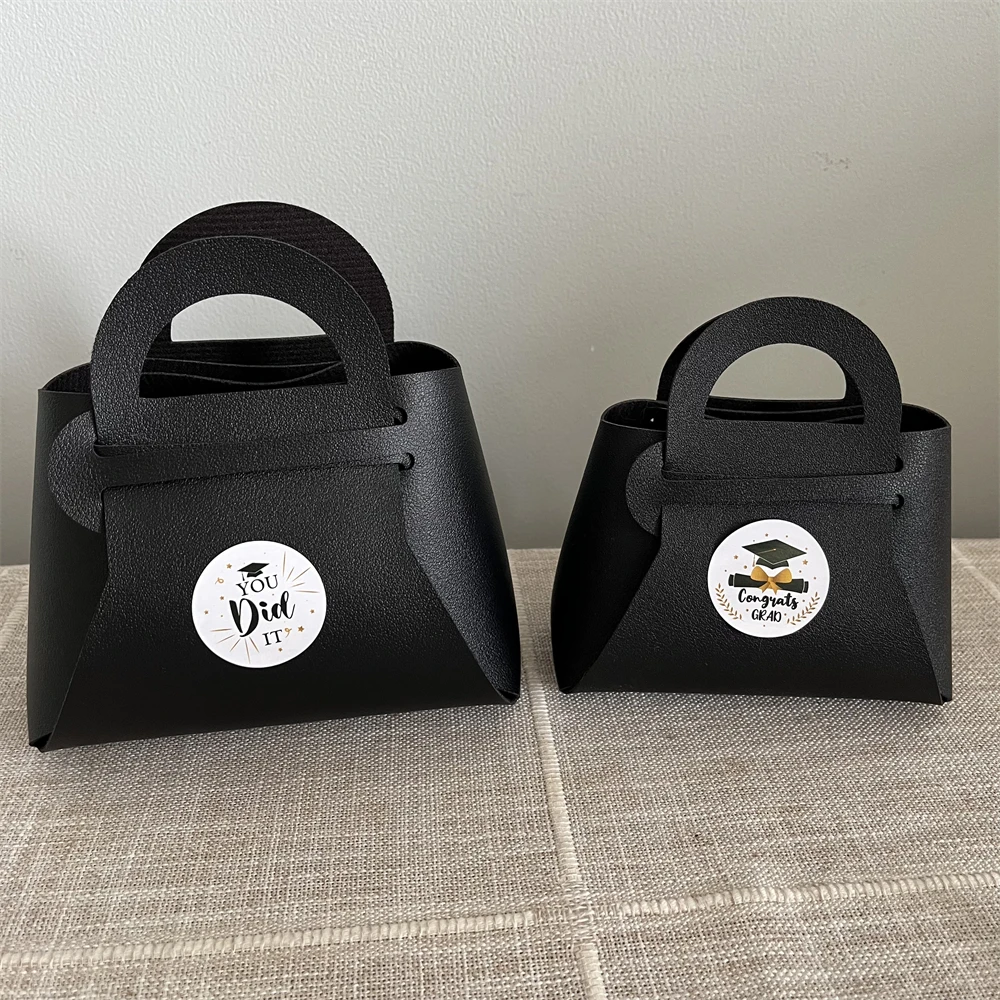12pcs Black Leather Gift Bags Graduation Season Theme Congrats Grad Candy Packing Bag 2024 Congratulation Graduation Party Decor