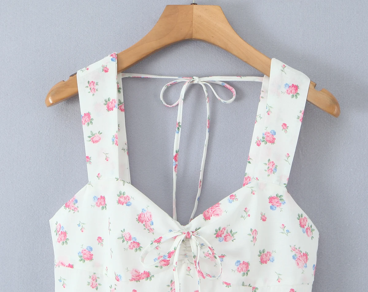Sexy White Floral Print Bow V neck Tank Dress Women Lacing up Back Slim Low Waist Party Skater Short Dresses Sling Robe Vestido
