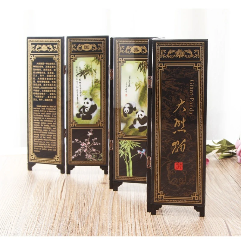 Antique Lacquerware Mini Screen Chinese Style Souvenirs Ornaments Living Tea Room Home Office Desktop Display Decor Folk Crafts