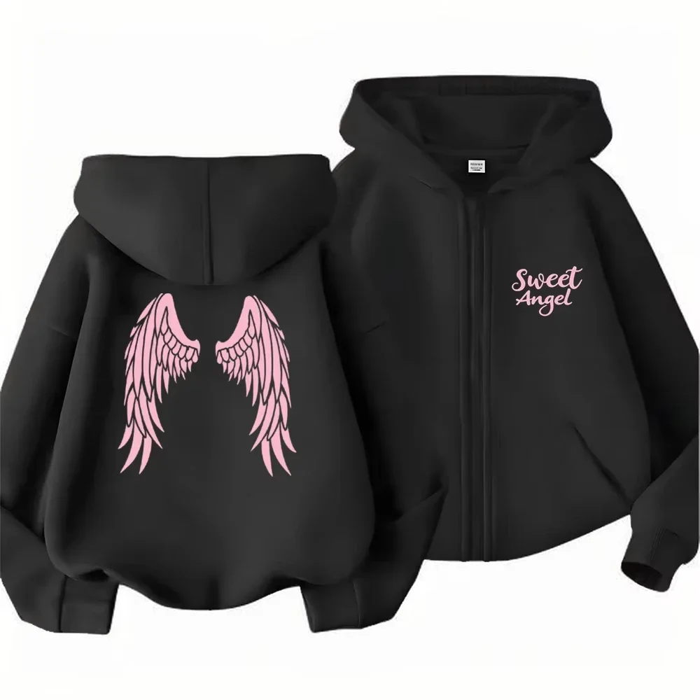 Lovely Kids Front Text Back Angel Wings Print Zip Up Hooded Jacket Fashion Loose Long Sleeve Outerwear For Girls
