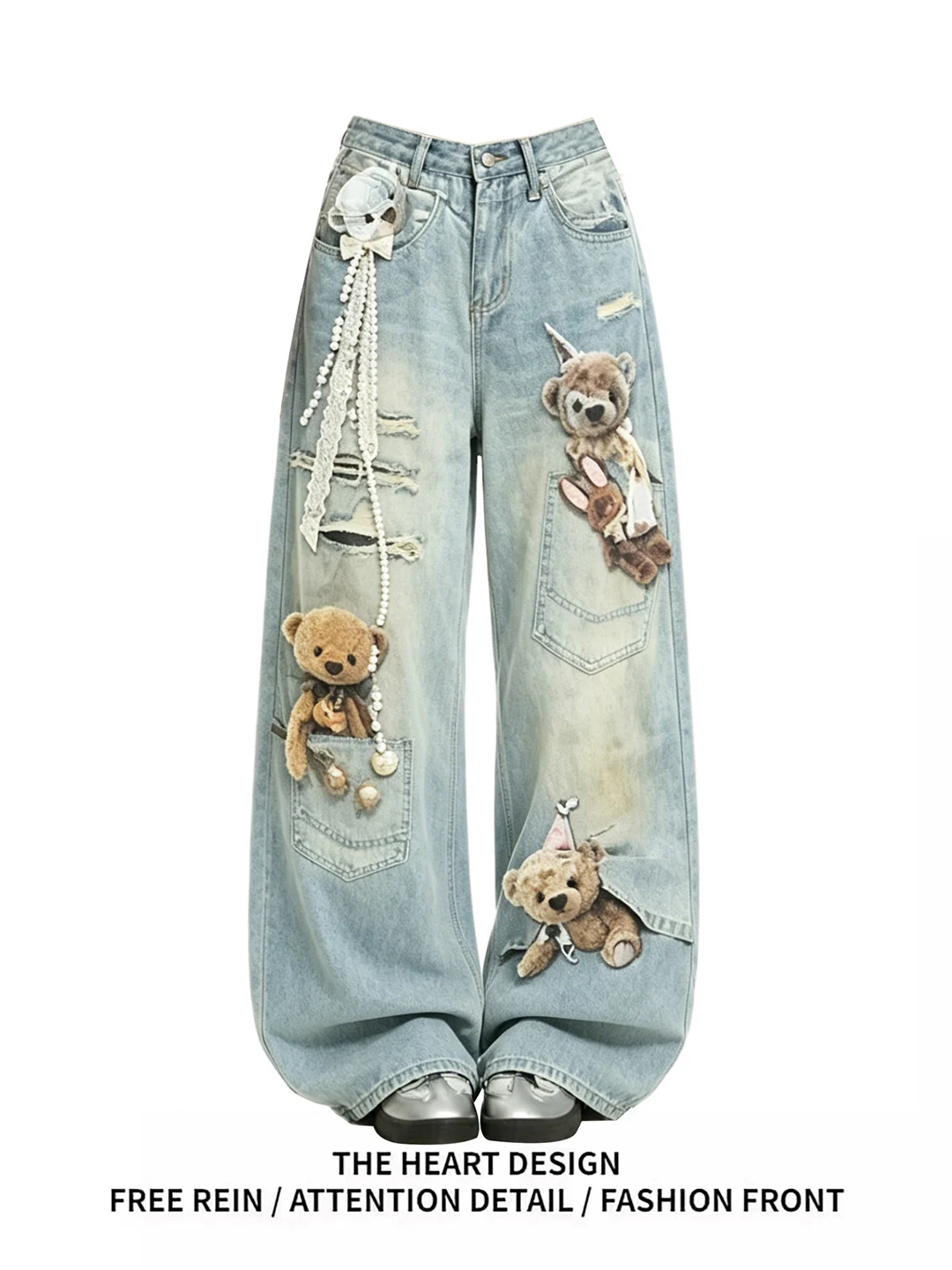 

American Retro Bear Print Wide Leg Jeans Women's Summer New Age Reduction Design Trendy High Waist Denim Pants Casual Wear
