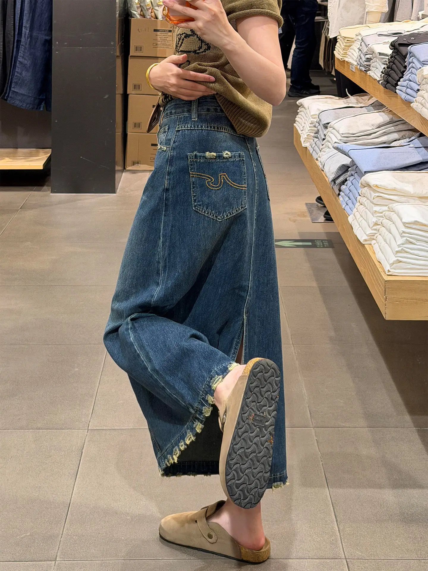 High Waist Denim  Skirt Women Loose Fit Asymmetrical Hem Pear Shaped Body Slimming A-Line Skirt Casual Style Cotton Fabric