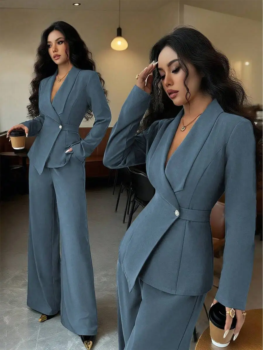 

Womens Elegant V-Neck Lapel Long Sleeve Blazer With Waist Belt And Wide Leg Pants Two Piece Suit For Office Commute Autumn