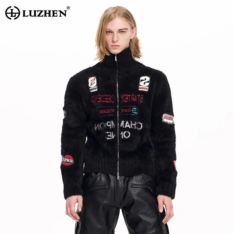 LUZHEN Original 2026 Pattern Winter Embroidery New Stand Fashion Neck Knitted Cardigan Men Handsome Elegant Male Sweater JY8600