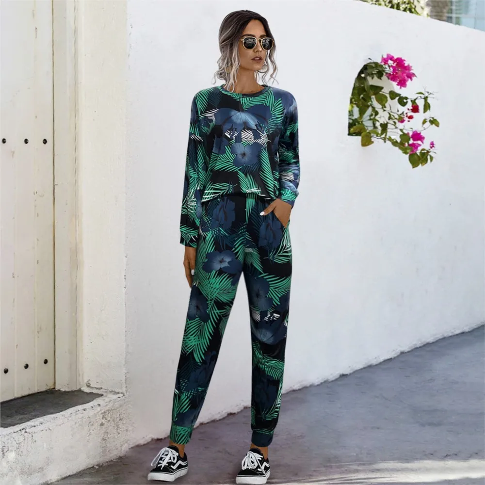 Loose Print Round Neck Long-Sleeved And Pants Two-piece Set For Women 2024 Autumn Fashion Casual Multi-color Outfits Tracksuit