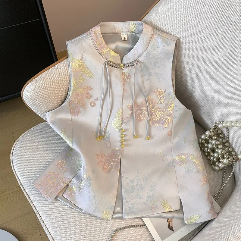 Nouveau chinois Sle soie chanson Jin Svel col montant gilet pour femme petit Jaet vêtements d'extérieur d'automne traditionnel National...