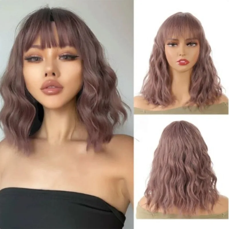 Short Water Wave Wig with Bangs - Ombre Color Synthetic Lolita Cosplay Hairpiece - Natural Fluffy Daily & Party Wear