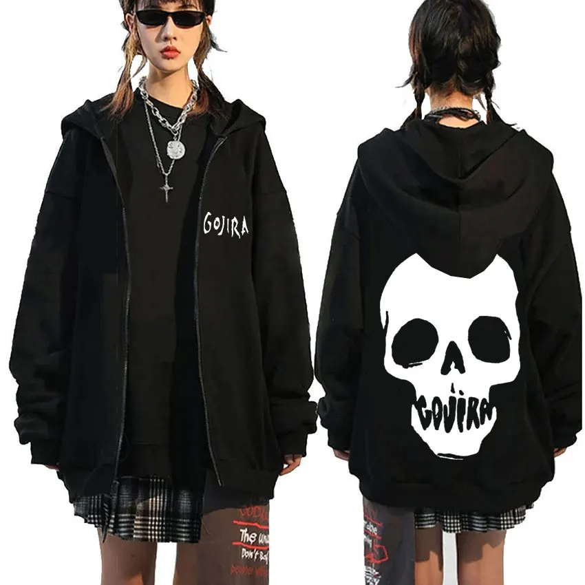 

French Metal Band Gojira Skeleton Graphic Zipper Hoodie Men Women Fashion Rock Oversized Streetwear Male Gothic Zip Up Jacket