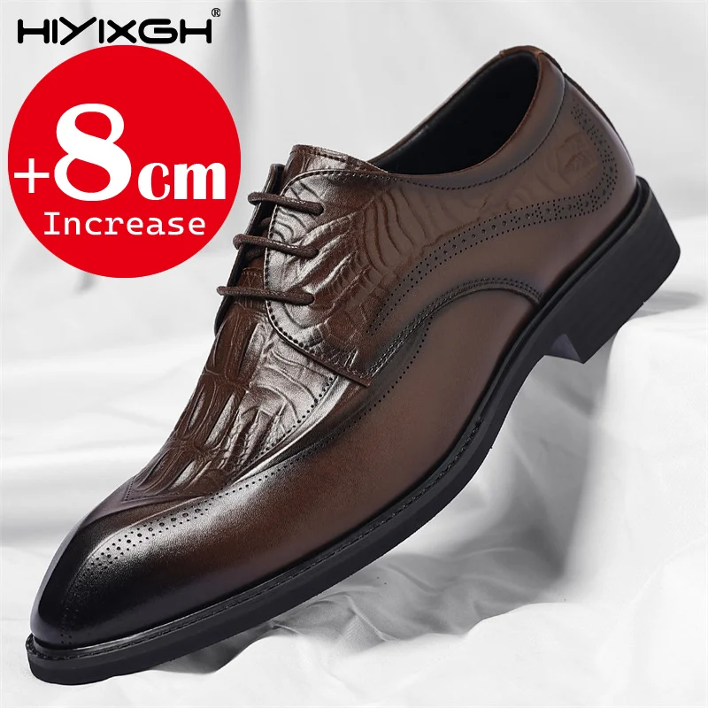 Men Hidden Height Increasing 6cm 8cm Brogue Dress Shoes Crocodile Pattern Lace Up Formal Wedding Business Elevator Leather Shoes