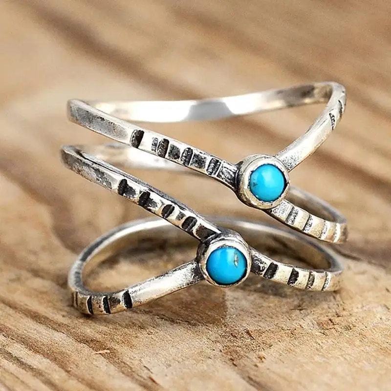 Huitan Kreuz Design Frauen Böhmen Ring mit Blauem Acryl Stein Party Täglichen Finger Zubehör Silber Farbe Persönlichkeit Schmuck