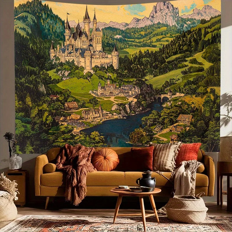 Epic Fantasy Castle Landscape Tapestry Mural Wall Hanging Medieval Cottagecore Style Green River Art Decor Romantic Bedroom