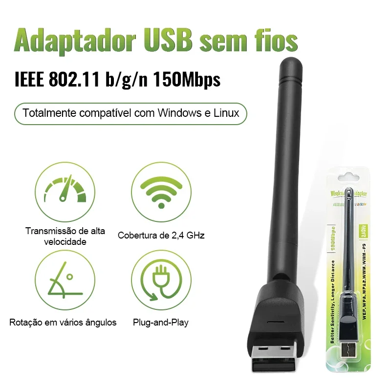 Plug and Play USB WiFi Adapter Dongle 150Mbps 2.4GHz 802.11n 2dBi Rotatable Antenna Receiver for Desktop PC Compatible Win/Linux