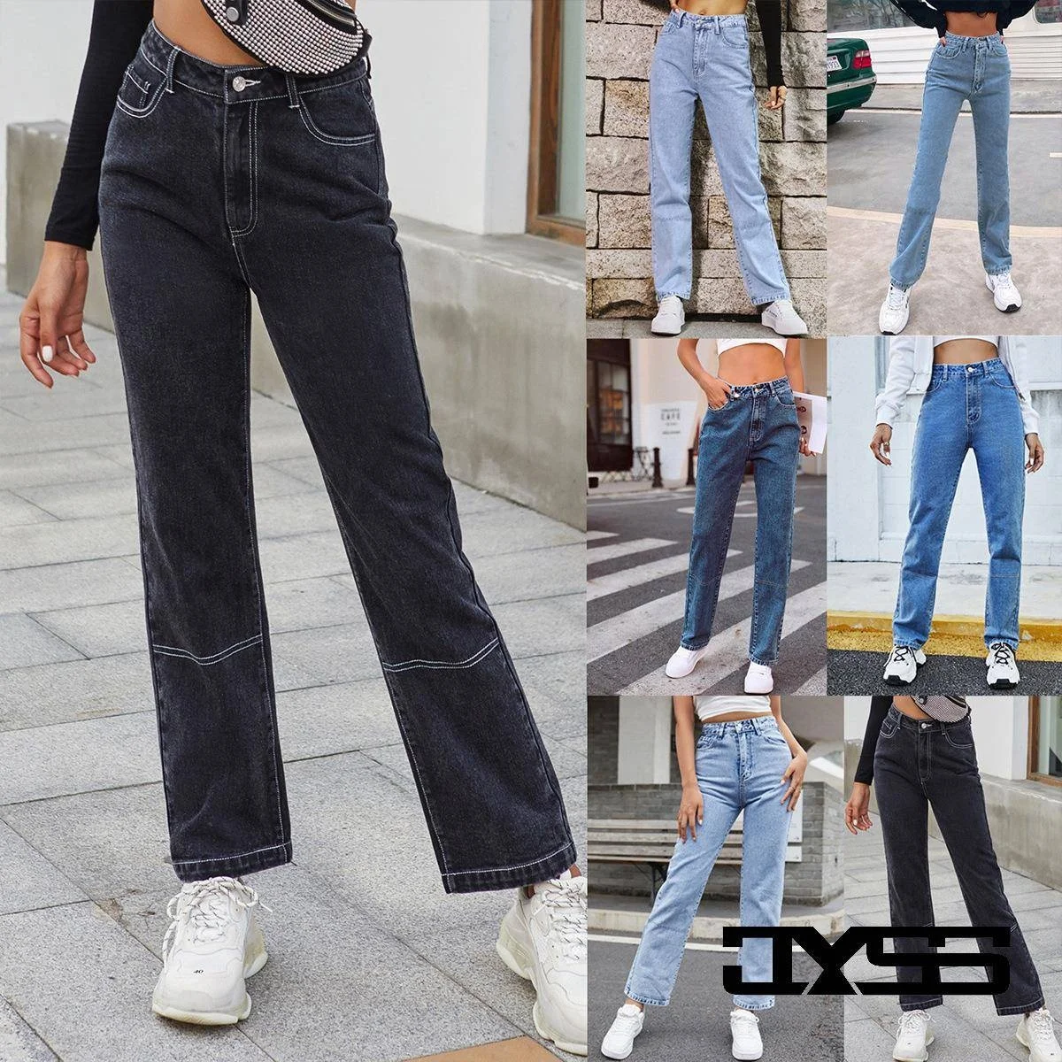 

Faionable High Waist Bla Jeans Women's Straight Leg Denim Pants Autumn Winter High Waist Straight Cut Polyester Cotton Blend