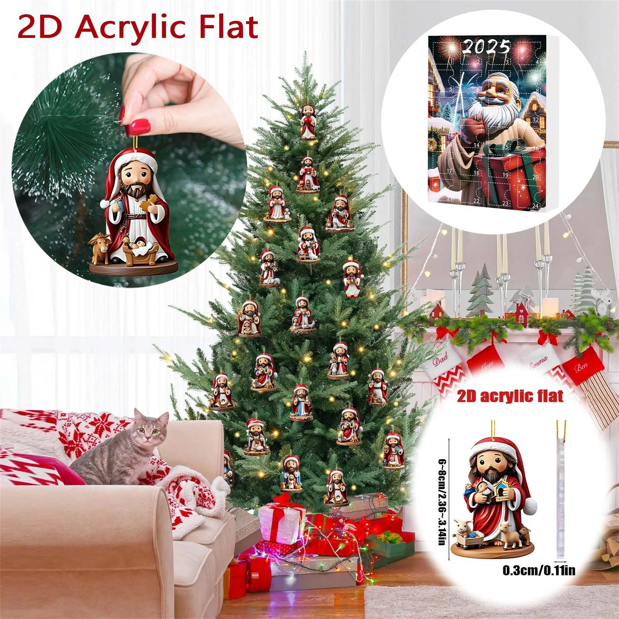 Conjunto de calendário religioso de contagem regressiva de Natal com 24 dias de caixas surpresa com ornamentos de Jesus acrílicos planos 2D
