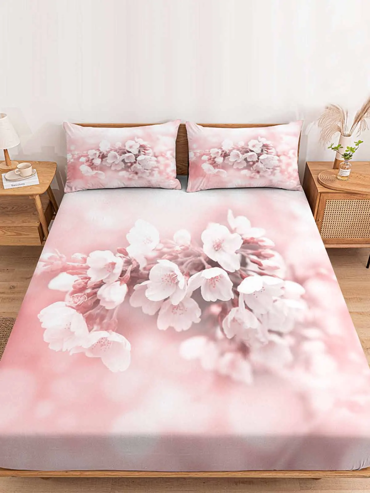 Floral Plant Cherry Blossom Pink Queen Size Bed Mattress Fitted sheet Elastic Rubber Band Non-slip Bed Sheet Pillowcase Set