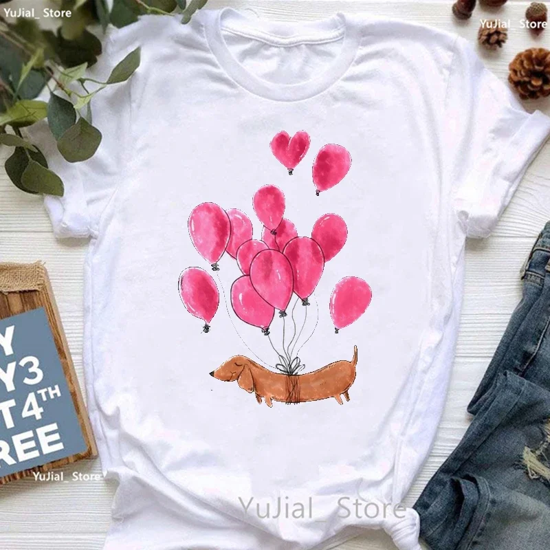 Cute Dachshund Love Balloon Animal Print T Shirt Girls Kawaii Dog Lover Tshirt Women Summer Tops Tee Shirt Femme Harajuku Shirt