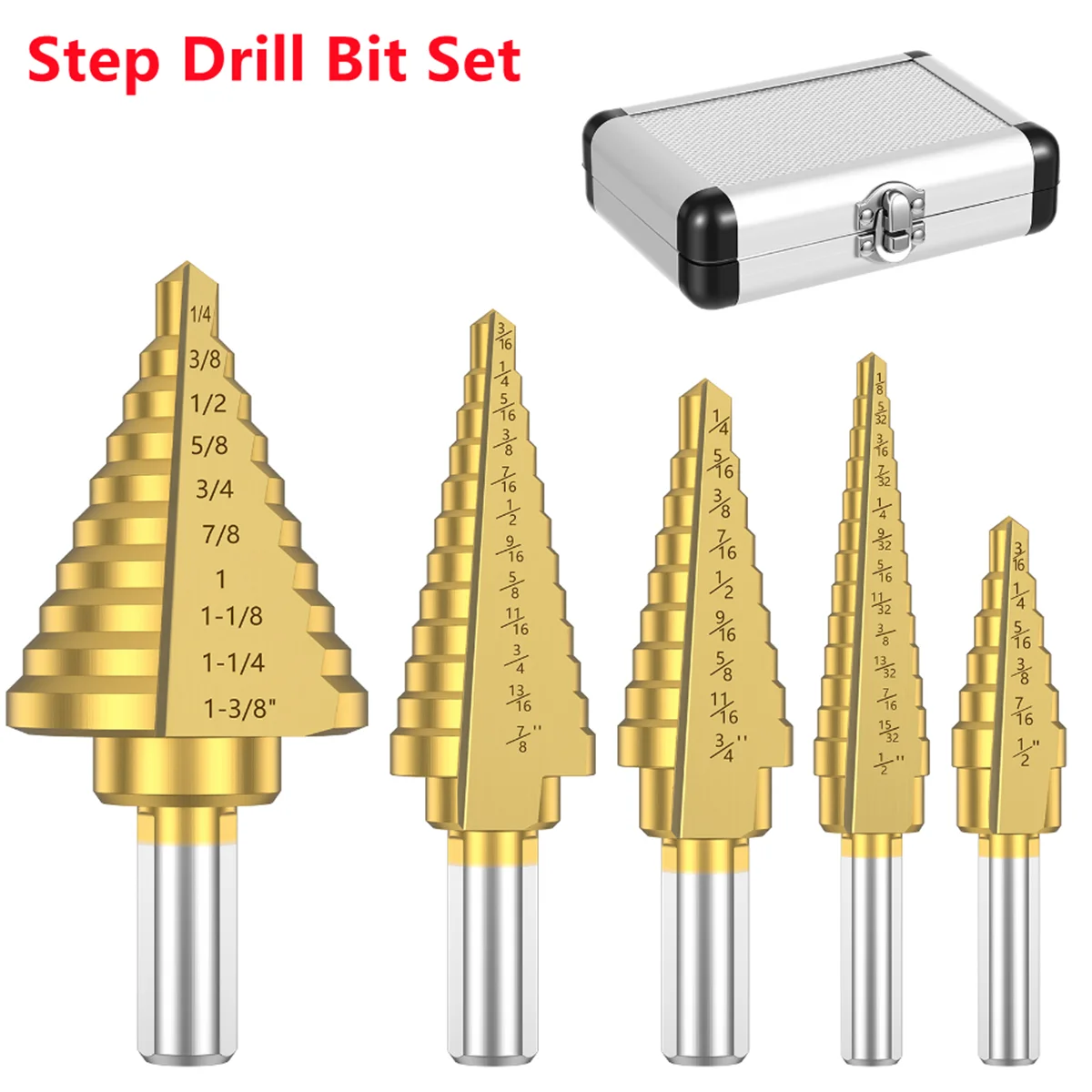 

6Pcs HSS Titanium Step Drill Bit Set 3/16-1-3/8" 50 Sizes Hole Cutter Core Drill Bits with Automatic Center Punch Aluminum Box