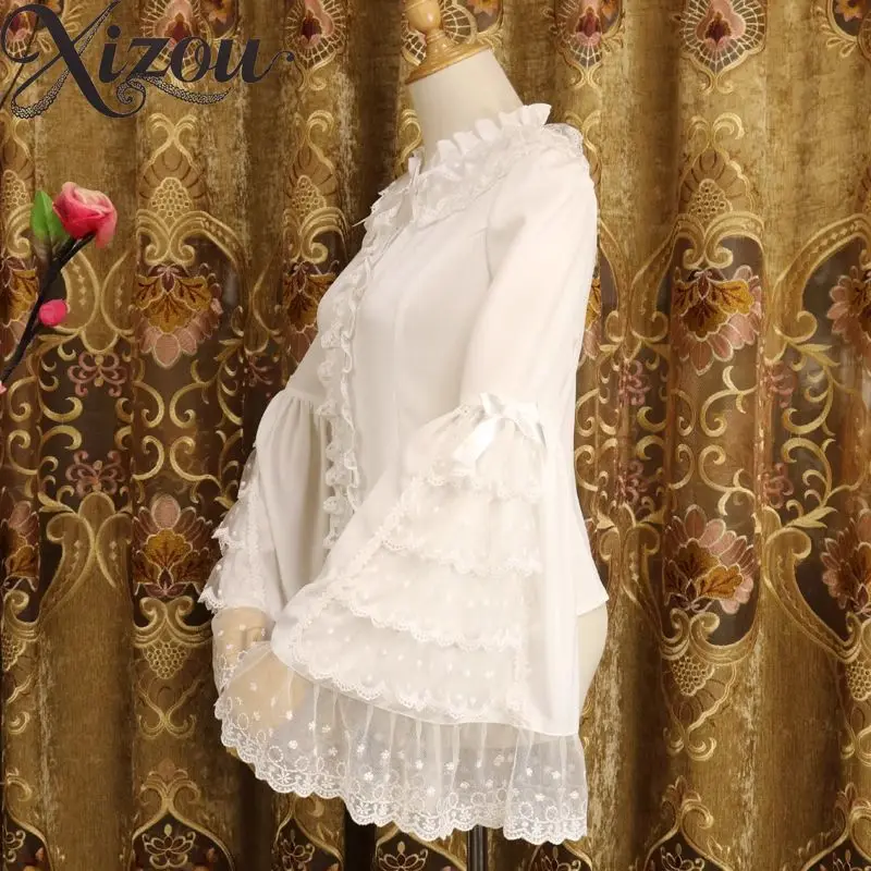 Blusa de encaje de Lolita de manga larga de gasa interior de Color puro de Color sólido con mangas Bell Ji, camisa de mujer, blusas ajustadas