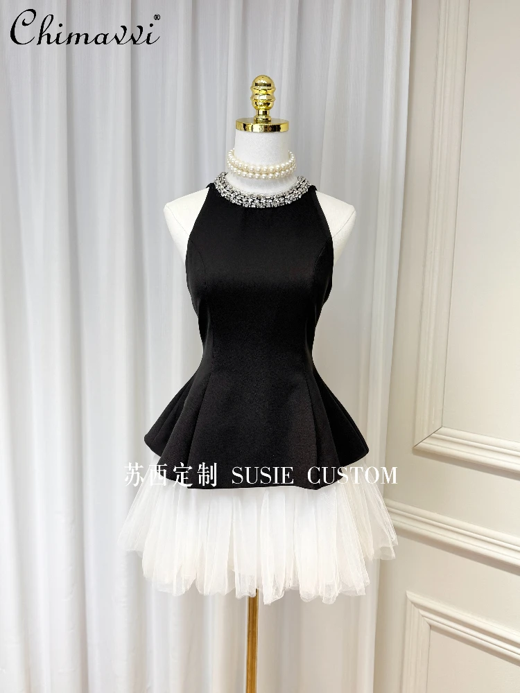 

Французское черно-белое цветное платье со стразами и бисером, пышное тюлевое платье с высокой талией, модное элегантное вечернее платье без рукавов с круглым вырезом