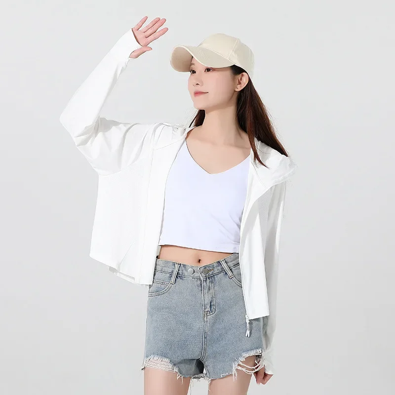 Summer UPF50 + Women Sunscreen Hoodie Long-sleeved Solid Color and Thin Jacket Breathable UV Protection Coat Ice Silk Clothing