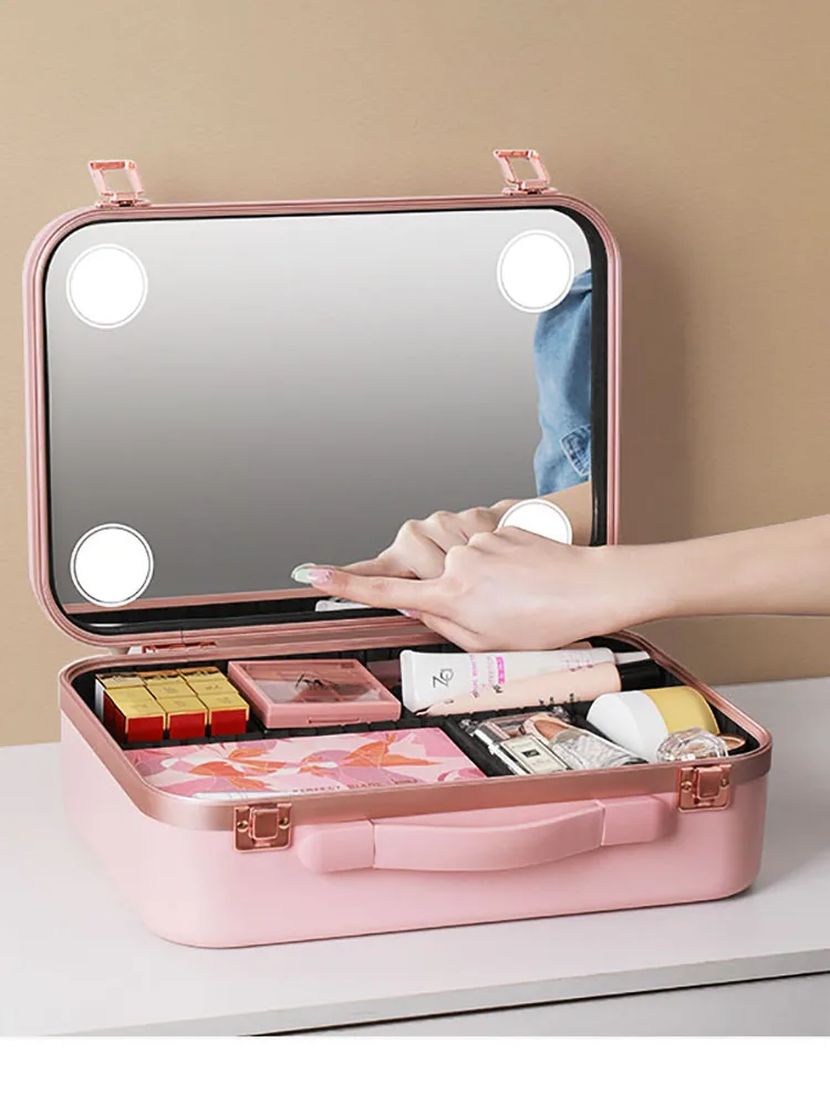 Cute Makeup Suitcase Luxury Smart LED Lamp Professional Women Beauty Case Large Capacity Organizations Cosmetics Bags Customized