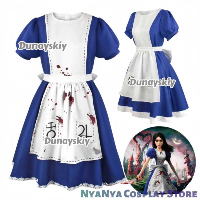 애니메이션 앨리스 공주 드레스 메이드 앞치마 드레스 게임 매드니스 코스프레 의상 여성 소녀 할로윈 파티 섹시 카와이 의상 여성용