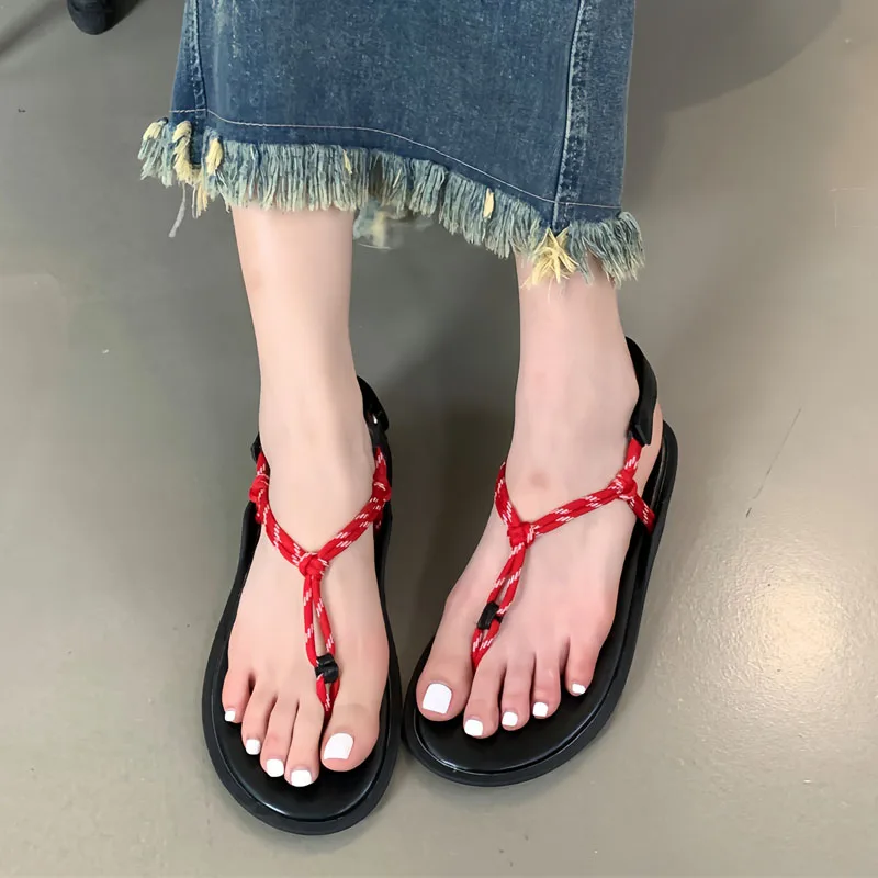 

Red Flat Sandals Brown Flip Flops Women Plait Rope Summer Shoes Casual Ladies Flats Shoes Black Sandalias Mujer 2024