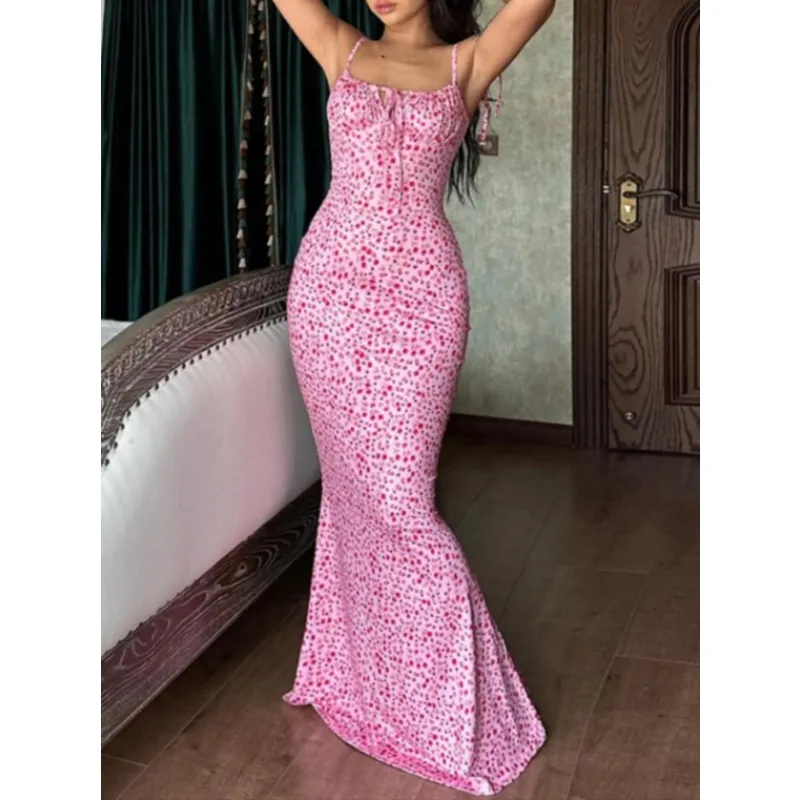 

Plus Size 1XL-5XL Women's Fashionable Cross Belt Floral Suspender Dress Women Micro Elastic and Ankle Sexy Dress