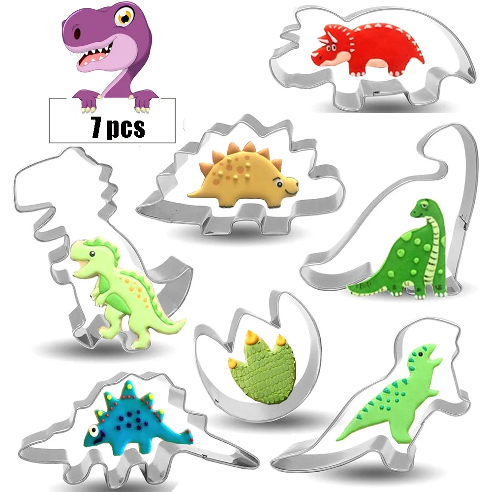 7pcs Mini Metal Cute Cookie Cutter Set Dinosaur Theme Fondant Cutter Chocolate Mold Baking Accessories Cookie Decorating Tools