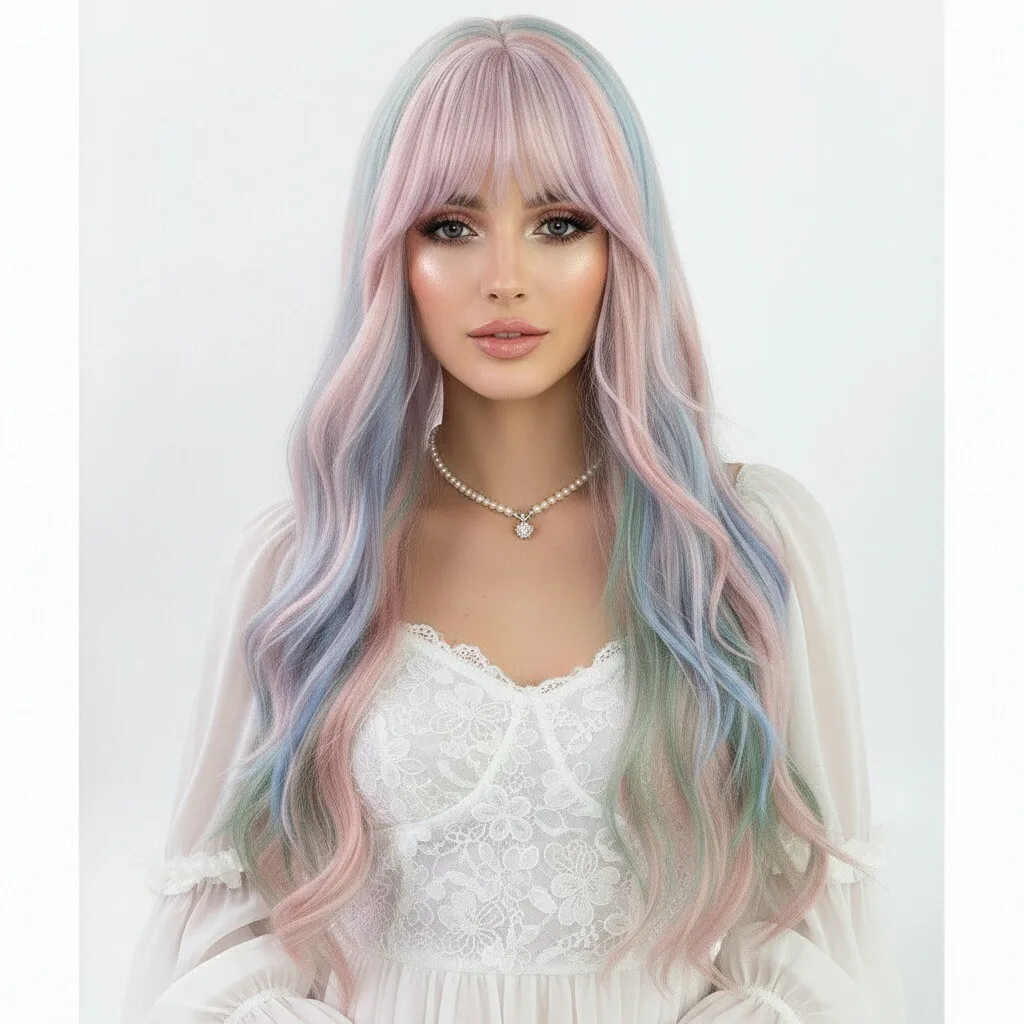 

MSIWIGS синтетические длинные волнистые радужные парики с челкой Лолита косплей для женщин термостойкий парик для повседневной вечеринки