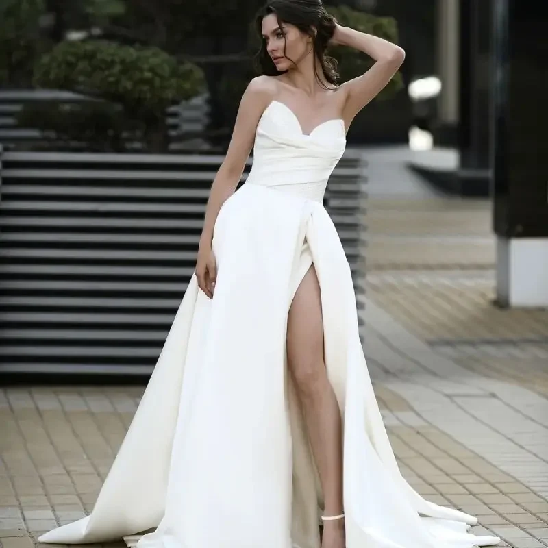 

On Zhu Elegant vestidos novias boda Satin Wedding Dresses Side Slit For Women A-line Stunning Bridal Gowns Customize Robe Mariee