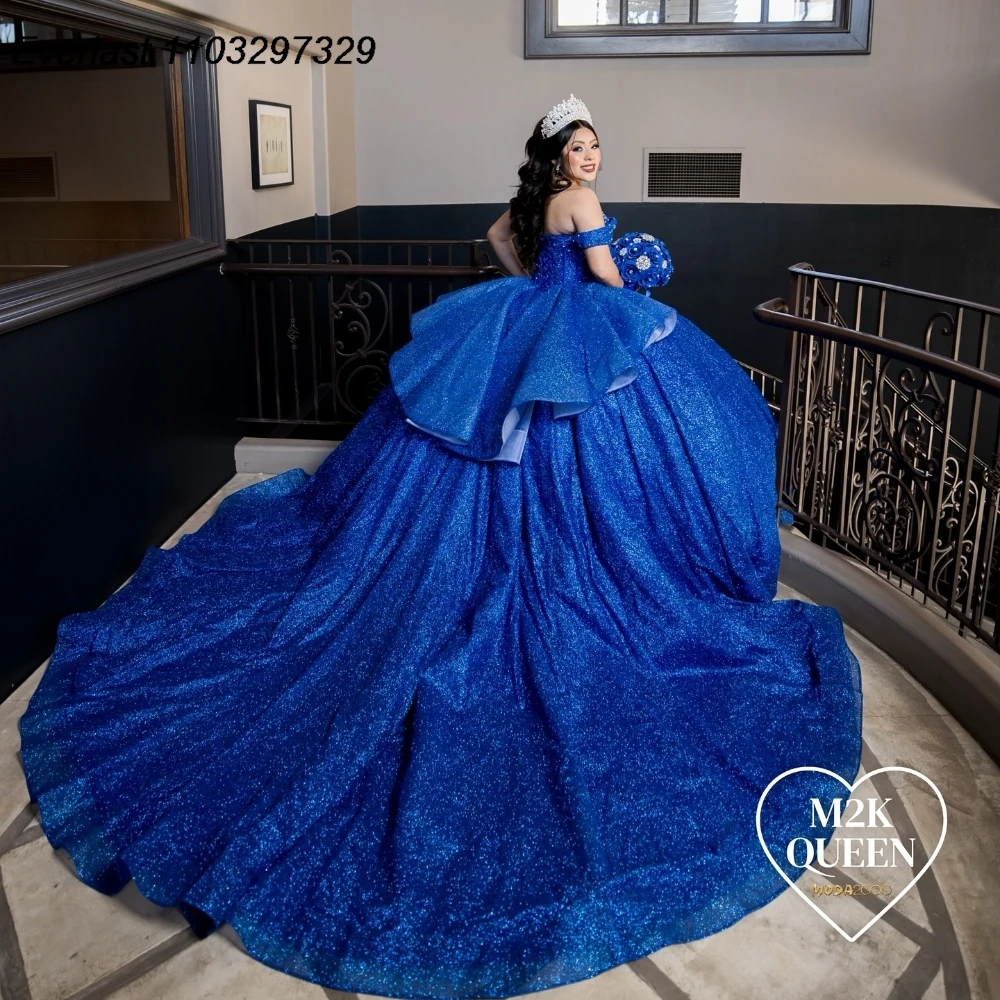 

EVLAST, мексиканское Королевское синее платье Quinceanera, бальное платье, аппликация, бисером, кристаллами, многоярусный корсет, милое платье 16, 15 лет TQD916