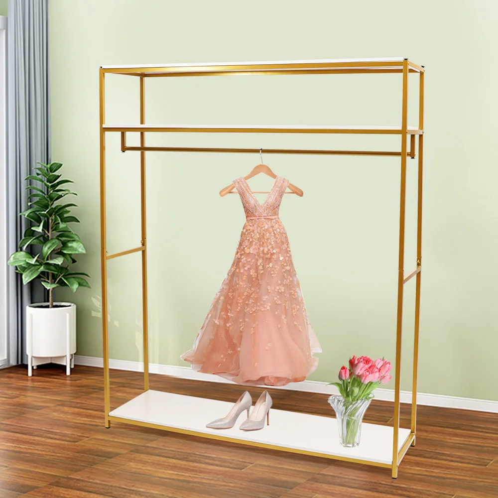 Fashion New Gold Iron Clothing Rack With Shelves Wedding Dress Bridal Garment Rack Stand Home Application