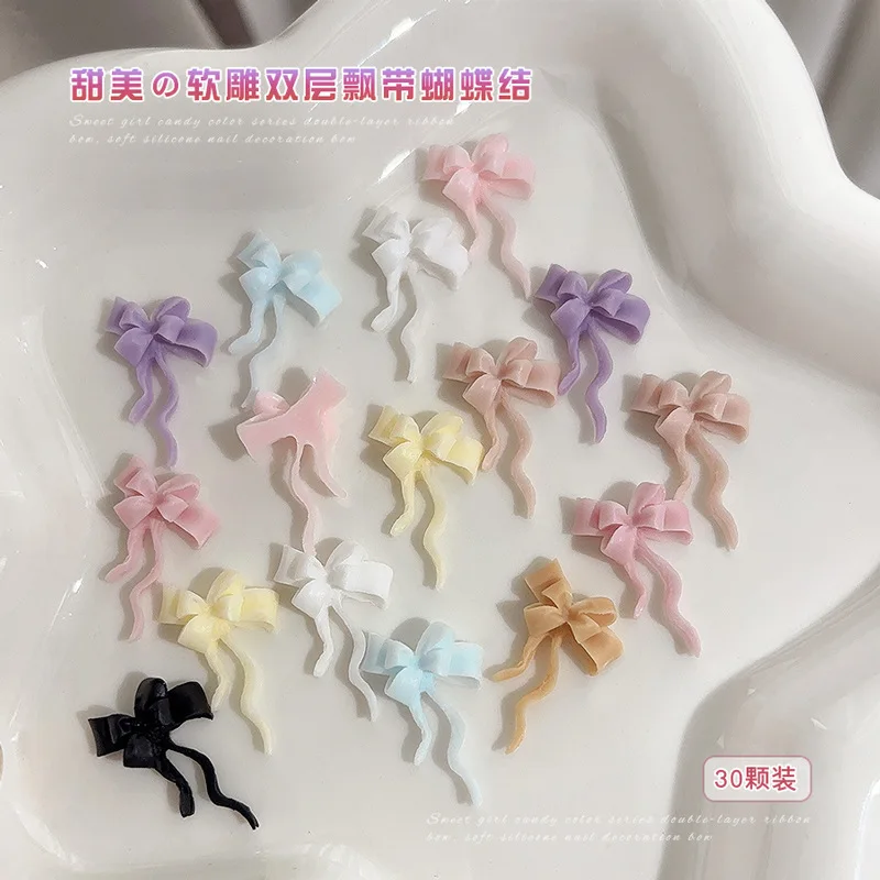 30 قطعة من سحر أظافر القوس بطبقة مزدوجة ثلاثية الأبعاد - أشرطة ساتان أنيقة في ظلال كلاسيكية وباستيل