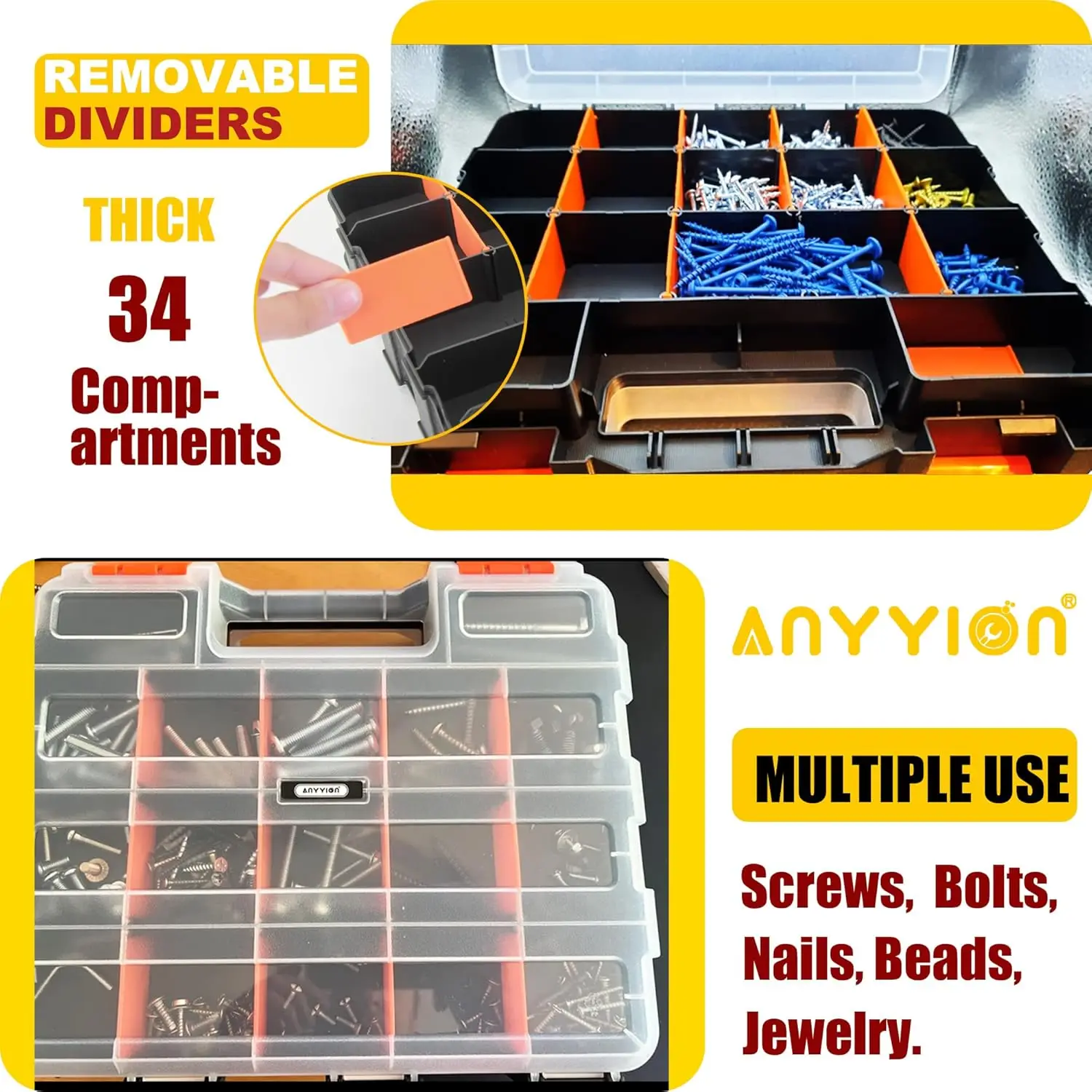 Small Parts Organizer 34-Compartments Double Side parts organizer with Removable Dividers for Screws Bolts Nails Jewelry & More