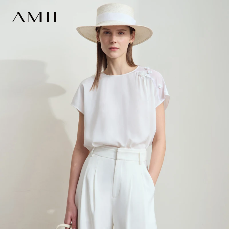 Amii Minimalist Chiffon Blouse for Women Summer New Solid Color O-Neck Elegant Tops Loose Short Sleeves Flower Blouse 12512026