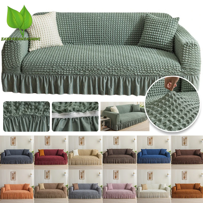 Seersucker Textured Sofa Cover, Corner Sofa Protector, Pleated Skirting, L-Shaped, 1, 2, 3, 4 Seater