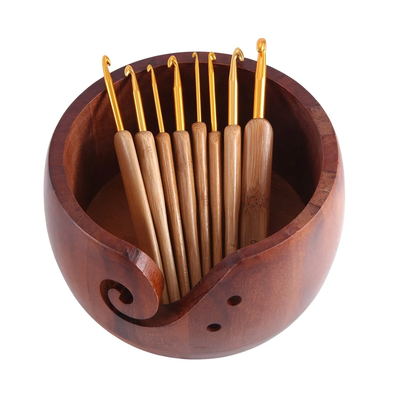 Wooden Yarn Bowl Holder, Craft Knitting Bowl With 8Pcs Crochet Hooks,Yarn Holder Dispenser Yarn Storage Bowls Easy Install