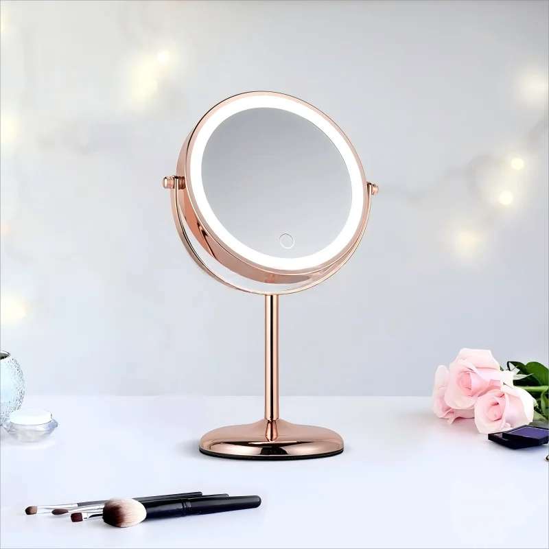 Specchio per trucco in metallo bifacciale da 7 pollici Specchio cosmetico da tavolo ricaricabile a LED con illuminazione a 3 colori con controllo touch
